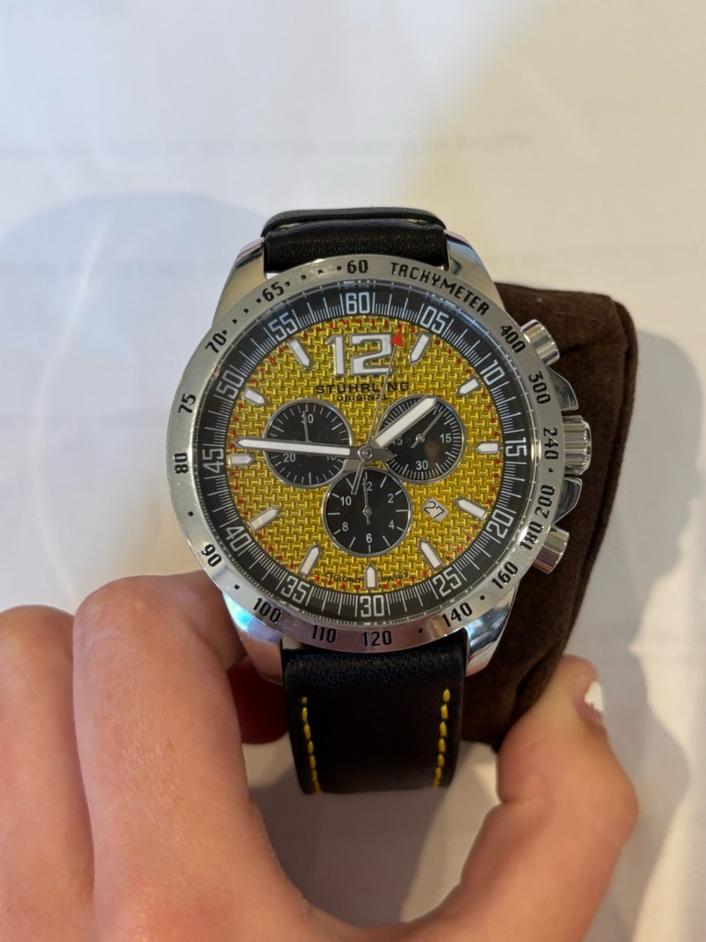 Stuhrling Original Yellow Dial Men's Tachymeter Watch with Black Strap